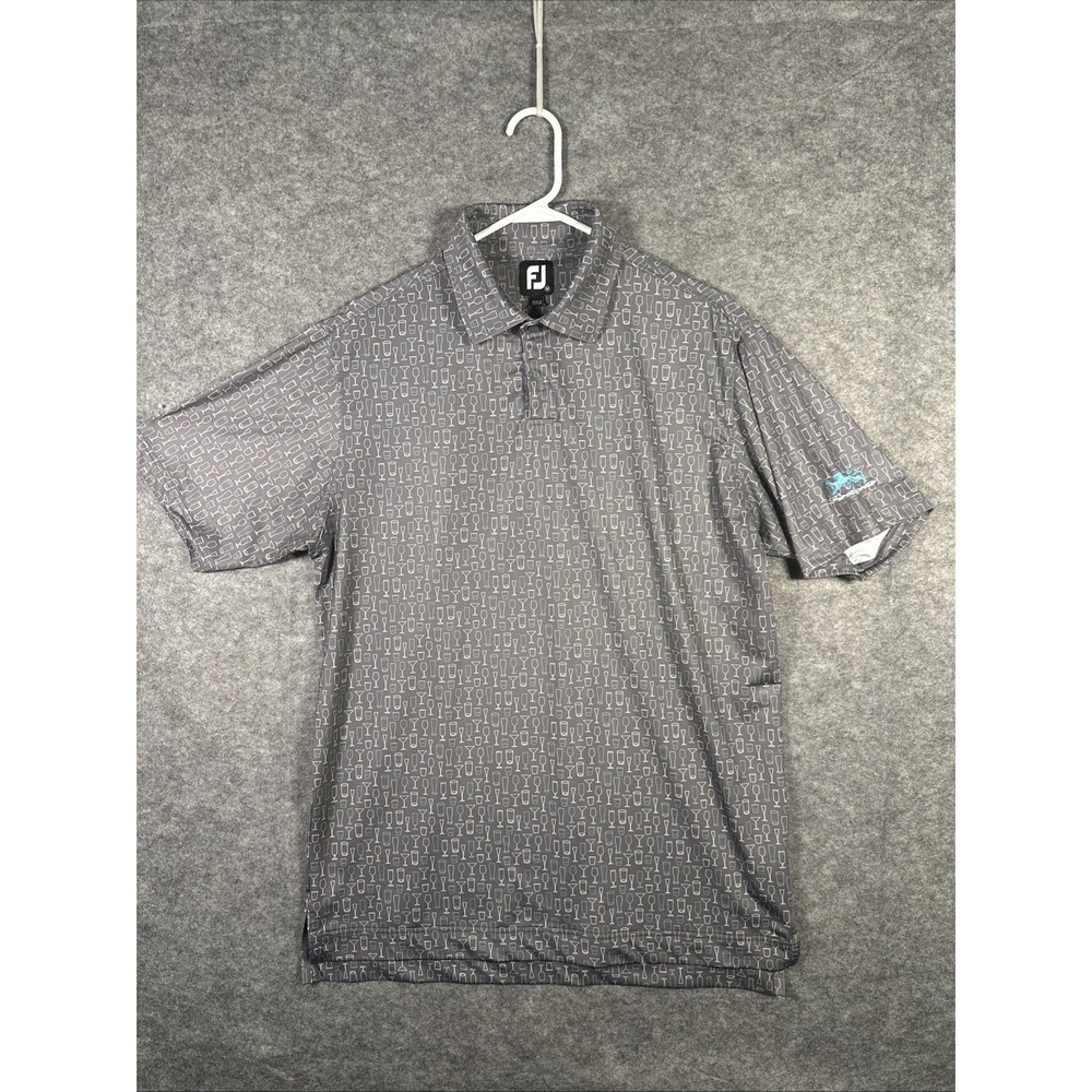 Footjoy Polo Shirt Mens Large Gray Drinks‎ Cocktails All Over Print Golf Stretch